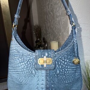 Denim secour Brahmin Croc-Embossed Shoulder Bag with Gold Hardware